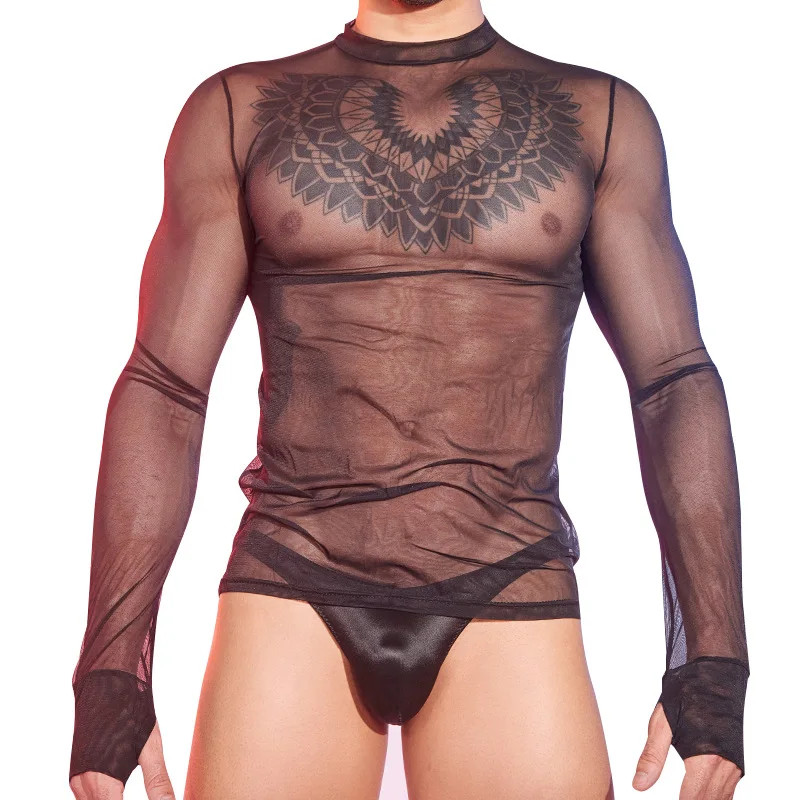 قمصان رجالي شفافة رفيعة للغاية ملابس داخلية للنوادي الليلية ملابس داخلية مثيرة بدون خياطة بلوزة تشكيل الجسم للعضلات قميص داخلي