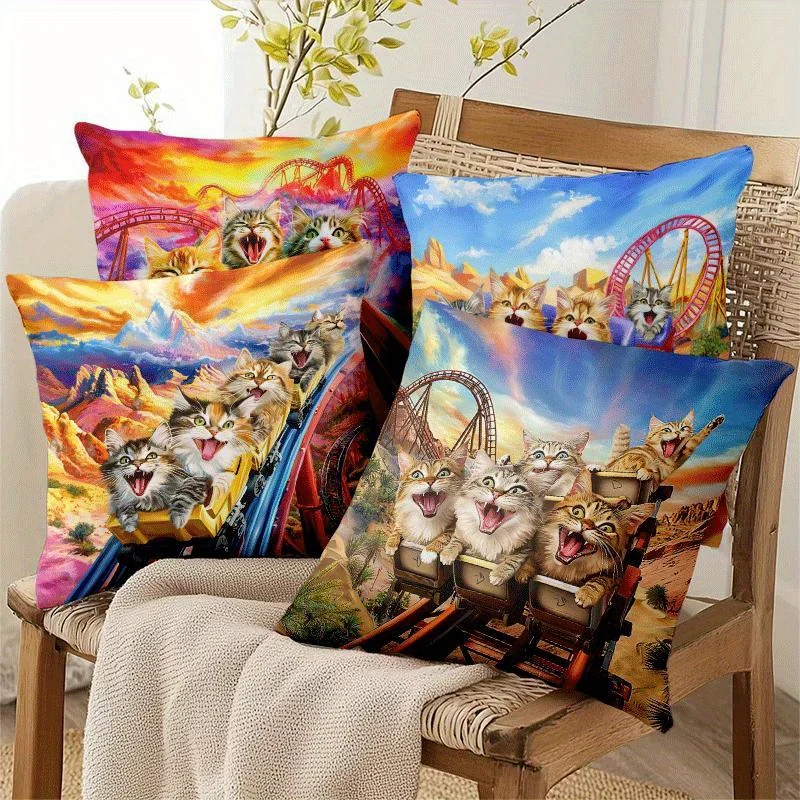 4pcs Humor Pet Style Pillow Covers, Playful Rainbow Cat on Toilet Print Cushion Cases, Cozy Home Decor for Bedroom Living Room