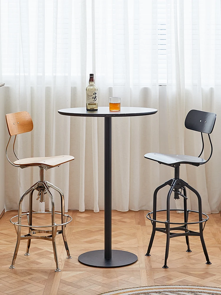 Retro wrought iron bar chair industrial wind high bar stool household lifting bar chair solid wood high stool.