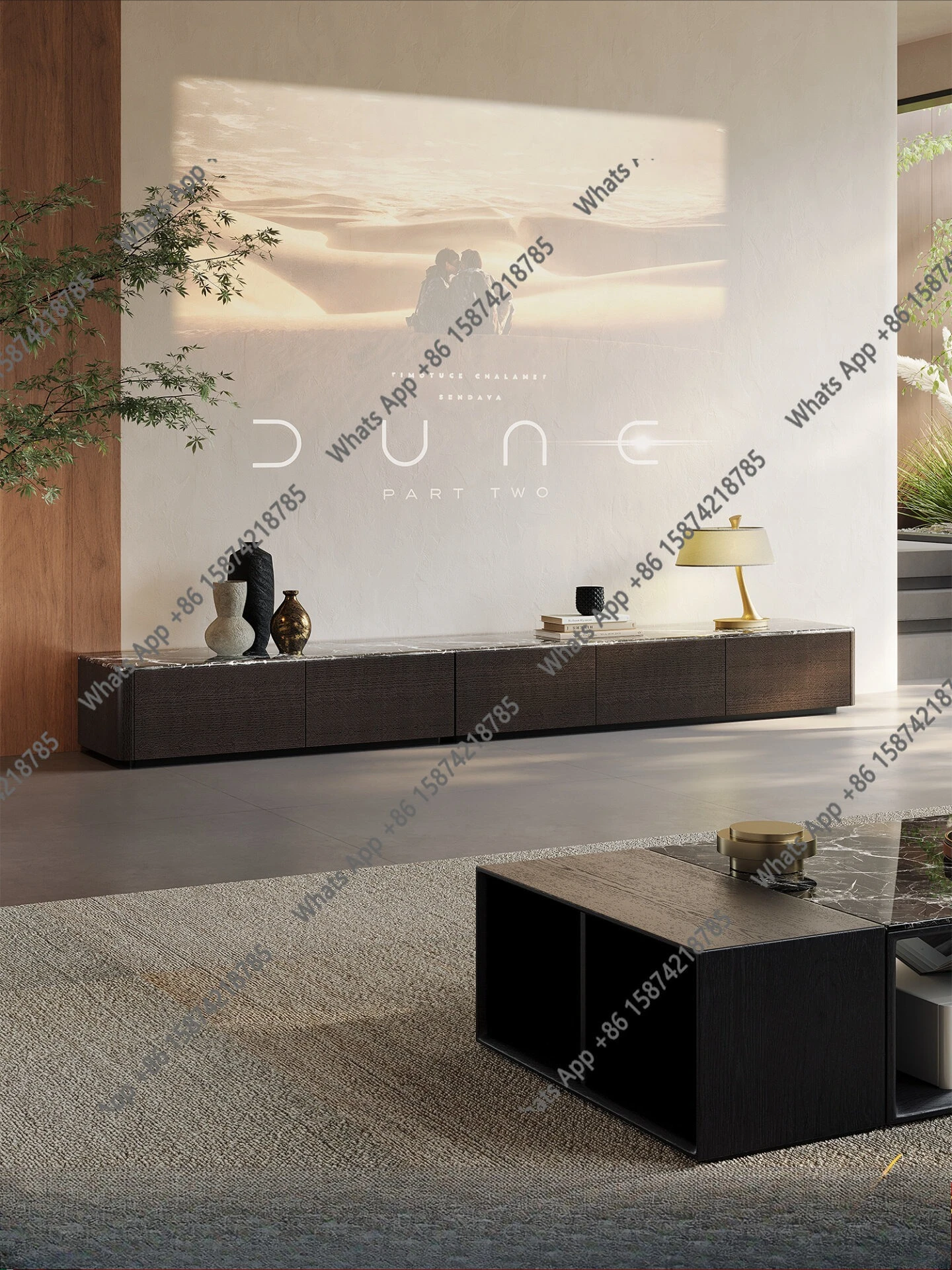 Qianyue light luxury high-end TV cabinet microcrystalline stone villa high-end large flat-layer black coffee table TV cabinet co