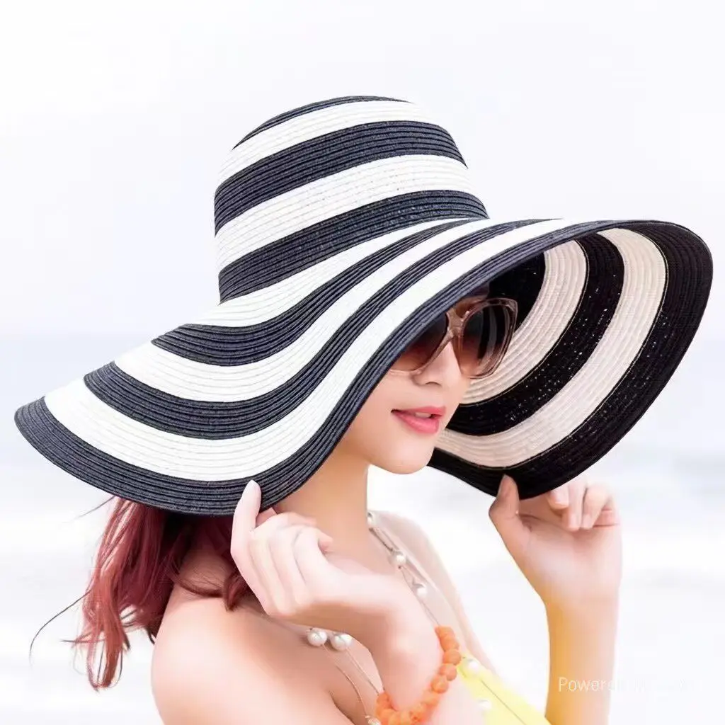 Classic Black and White Red and Blue Striped Wide-Brimmed Beach Straw Hat Summer Women's Sun Hat Sun Protection Hat
