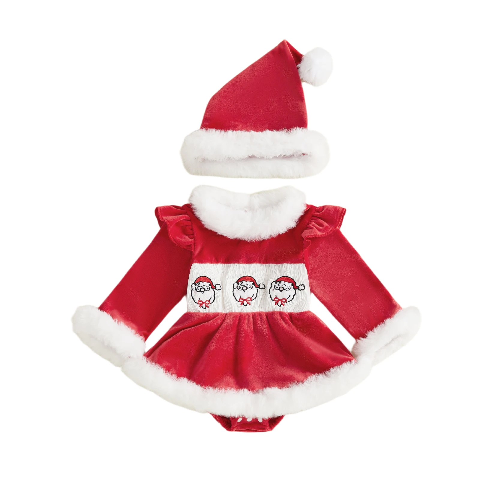 Baby Girl Christmas Outfit Embroidered Furry Trim Crew Neck Long Sleeve Romper Dress and Hat 2 Pcs Set