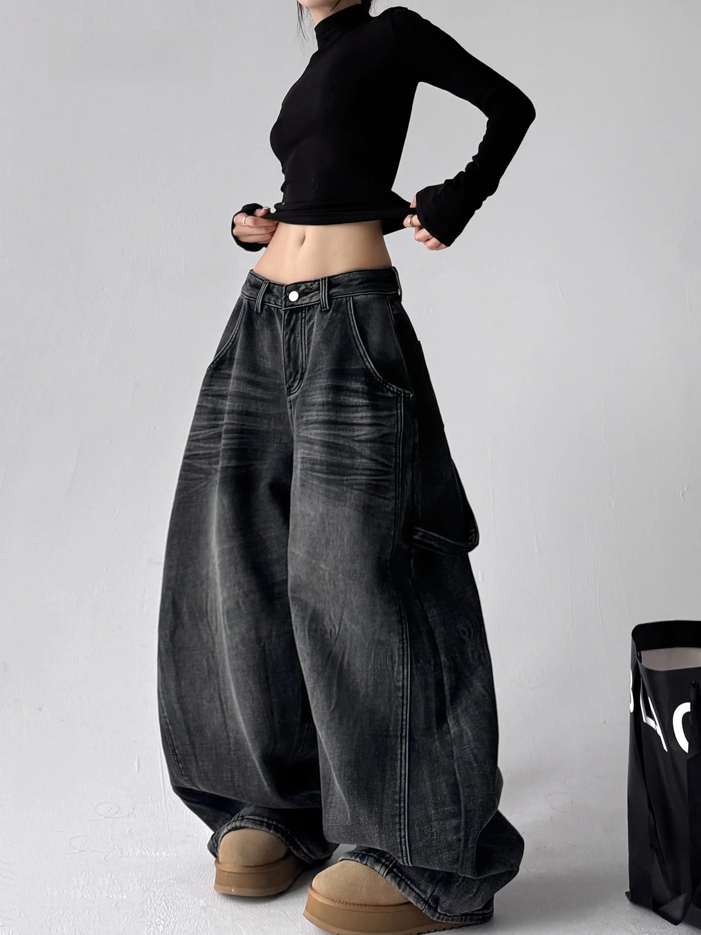 

Женские свободные джинсы с широкими штанинами в стиле Харадзюку, выцветшие, зимние, модные, для девушек, свободного кроя, с высокой талией