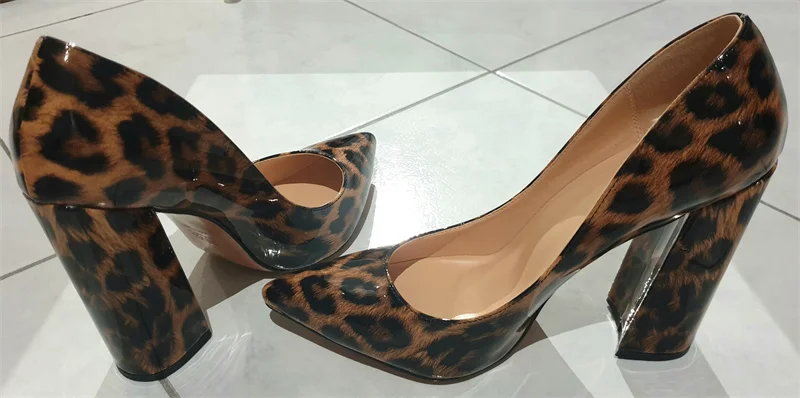 Onlymaker Women Pointed Toe Leopard Print Chunky Heel Pumps Sexy Slip On Dress Party Shoes