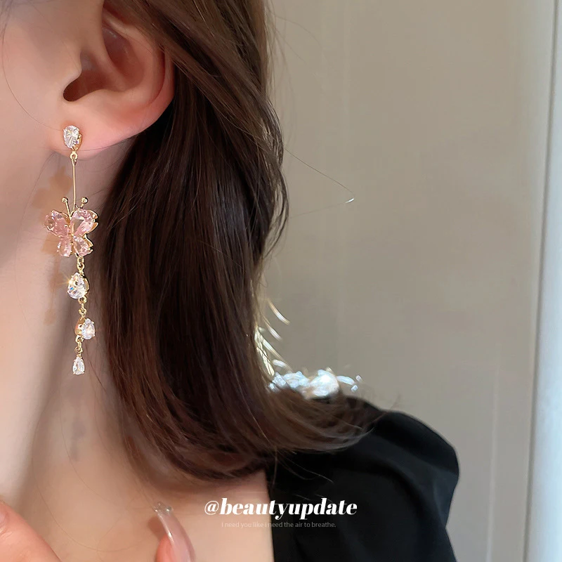 Newly Popular Women'S Silver Needle Exaggerated Earrings Light Luxury Niche Longs Style Tassel Butterfly Inlaid With Diamond
