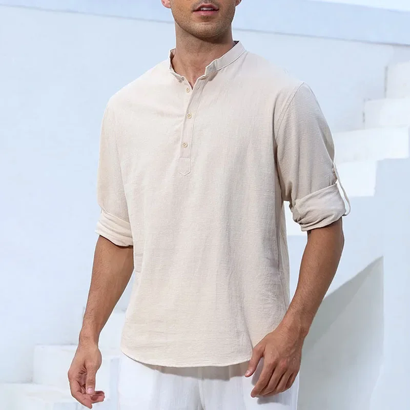 Autumn Spring Men's Long Sleeve T-shirt Henley Neck Vacation Style Cotton Linen Cozy Tees Solid Color Male Casual Polo Tops