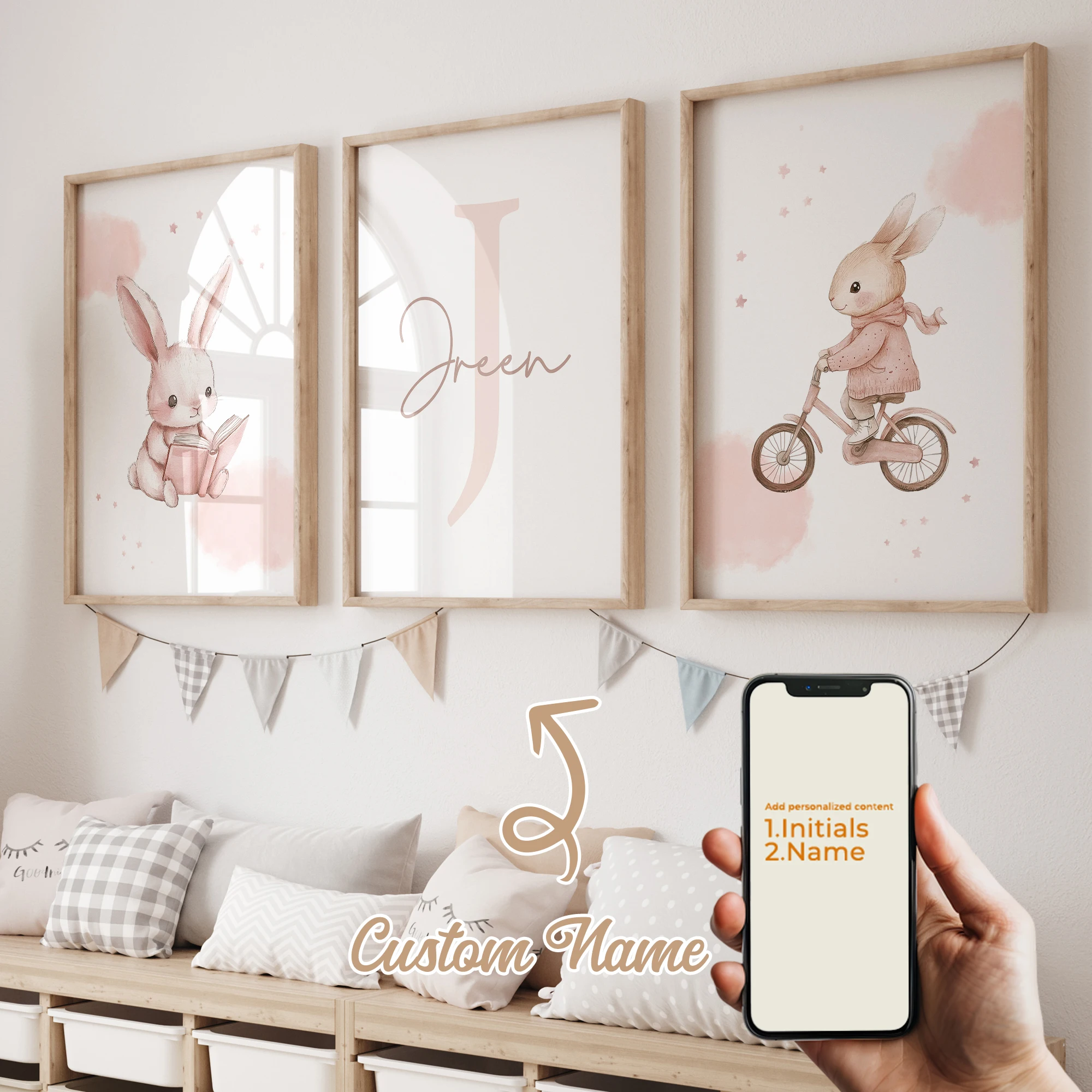 3 stücke Personalisierte Benutzerdefinierte Name Cartoon Kind Kaninchen Wand Kunstdruck Bild Leinwand Poster Malerei Für Wohnzimmer Wohnkultur