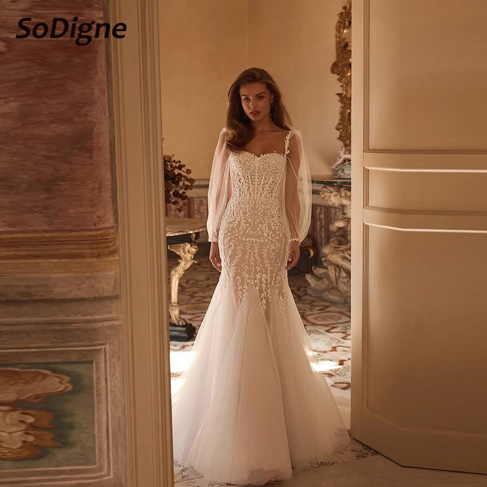 

SoDigne Mermaid Tulle Appliques Bride Dresses Sweetheart Full Sleeves Wedding Dress Bridal Gowns vestidos de novia Customized