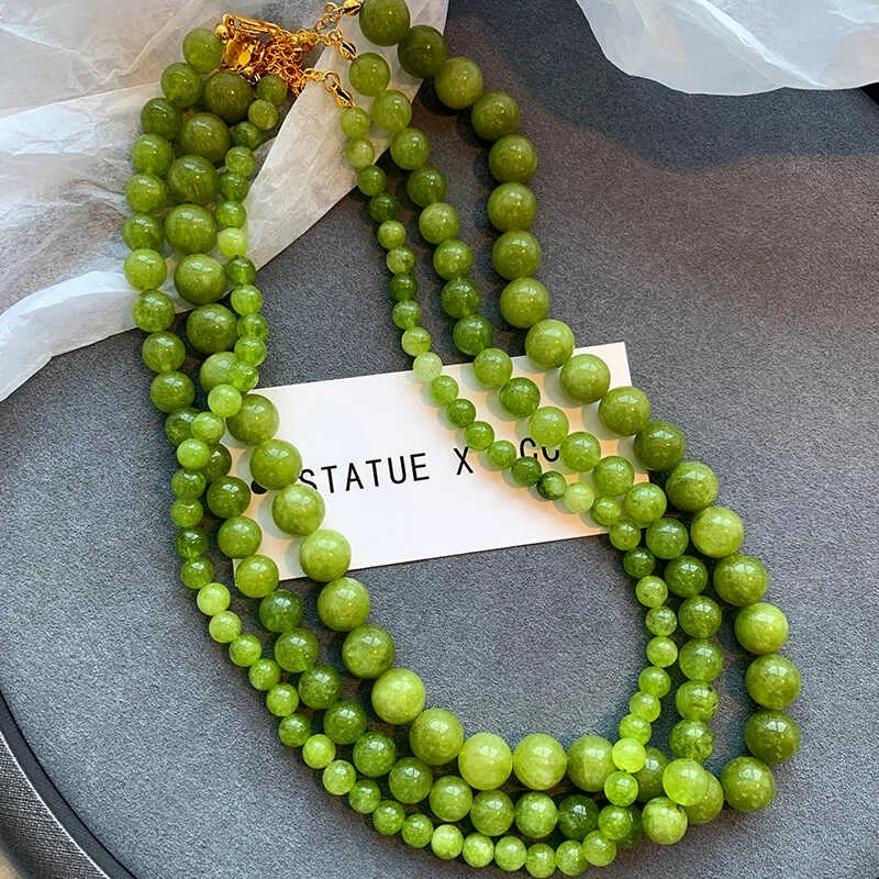 Collier de Perles Rondes en Pierre Verte Naturelle, Bijoux de Mode Française pour Bol, Accessoires de Luxe Sexy pour Femmes