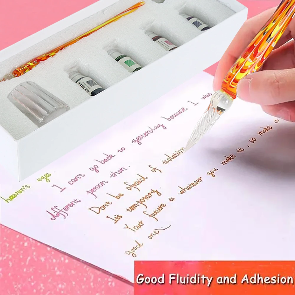 Conjunto de canetas de mergulho de vidro manchado 4 cores tinta retrô conjunto de canetas de assinatura criativa presente