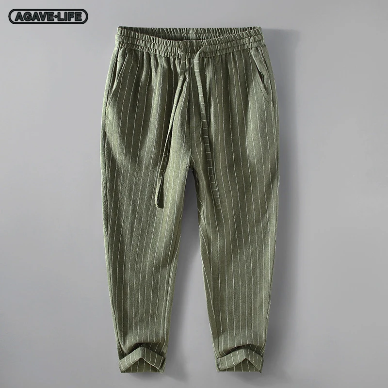 

Spring Summer Men's Cotton Linen Trousers Casual Men Thin Breathable Loose Hemp Haren Pants Men Elastic Waist Ankle Length Pants