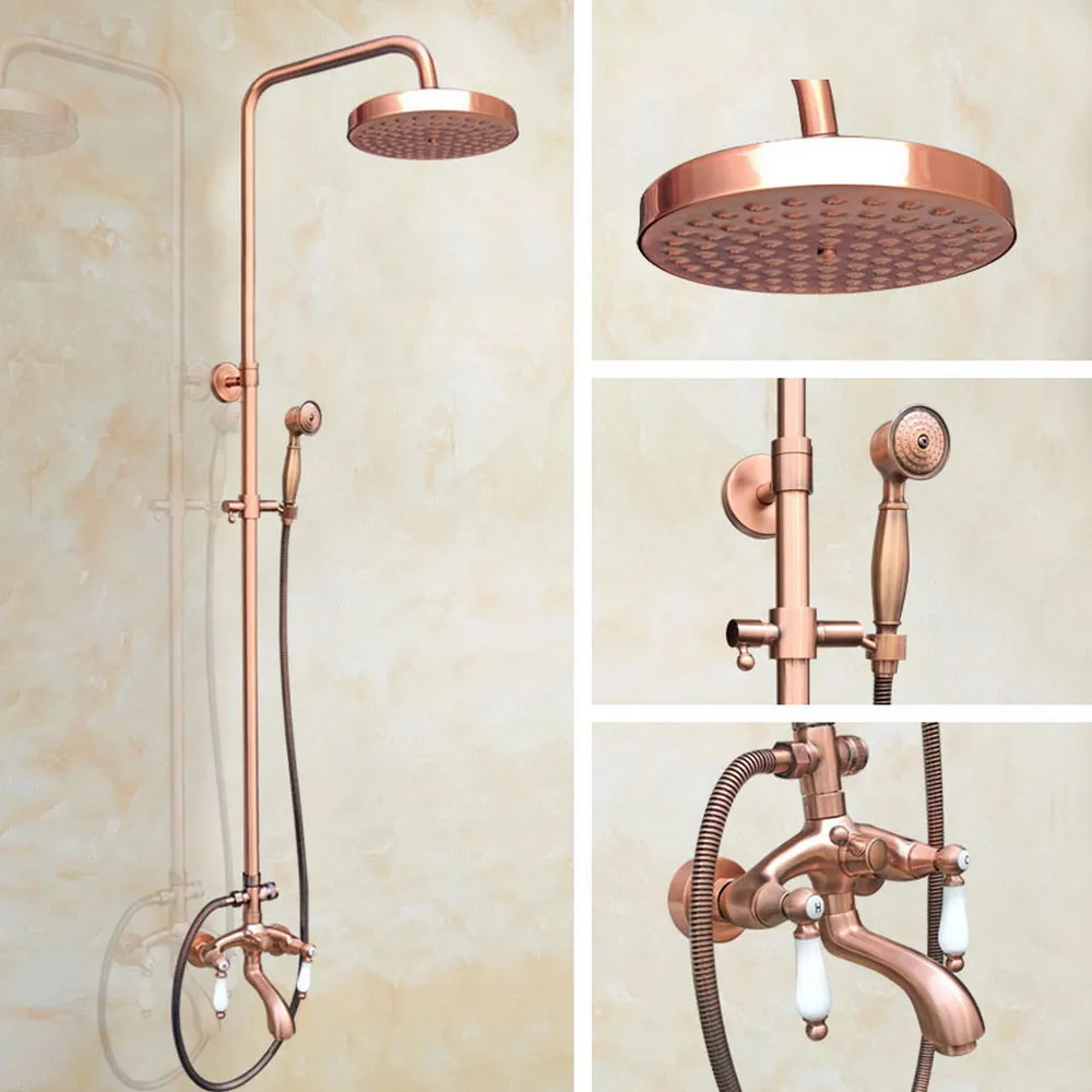 

Wall Mount Bath Shower Faucet w/ Hand Shower Antique Red Copper 8" Rain Shower Mixer Tap Tub Faucet Dual Handles rg562