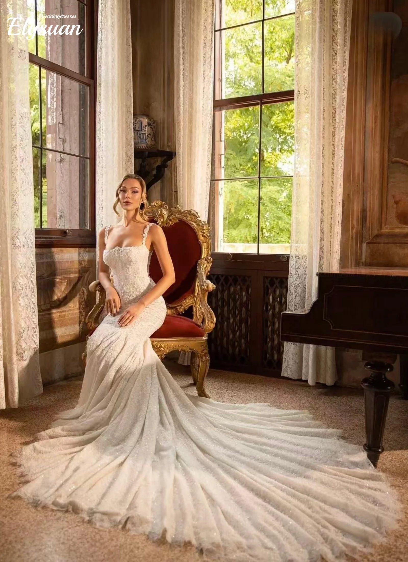 تخصيص لامعة مطرز الدانتيل فستان الزفاف الأنيق السباغيتي الأشرطة ثوب الزفاف اللؤلؤ حورية البحر فساتين طويلة للعروس