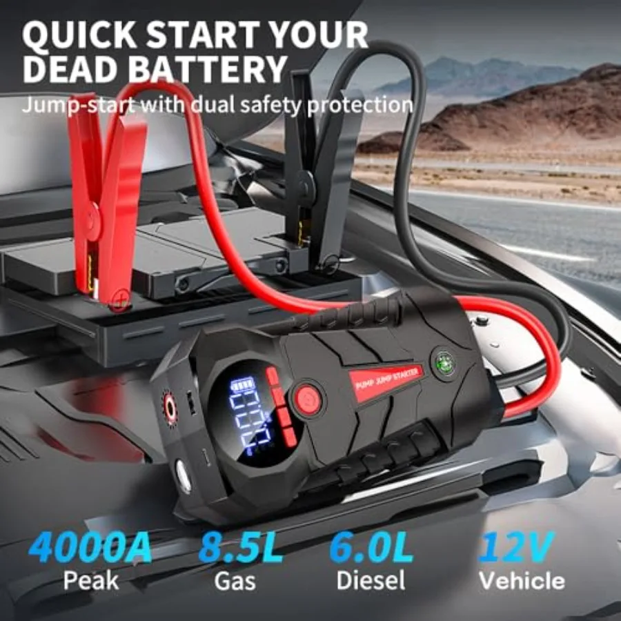 4000A Portable Car Battery Booster with Air Compressor 4-in-1 Jump Starter Box for 8.5L Gas and 6L Diesel Vehicles 150PSI Tire
