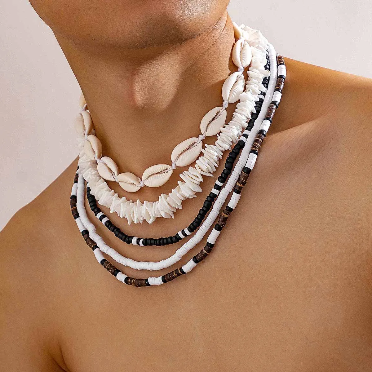KunJoe 5pcs/set Bohemian Wood Beaded Choker Necklace for Men Vintage Soft Clay Necklace Tribal Surfer Jewelry