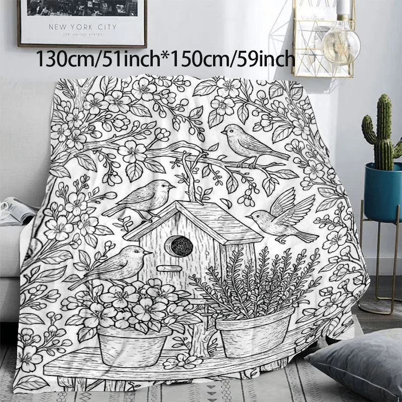 1pc DIY Coloring Flower Bird Flannel Blanket. Soft Warm Fabric for Sofa Office. Relax Art Blanket as Gift for Thanksgiving Hallo
