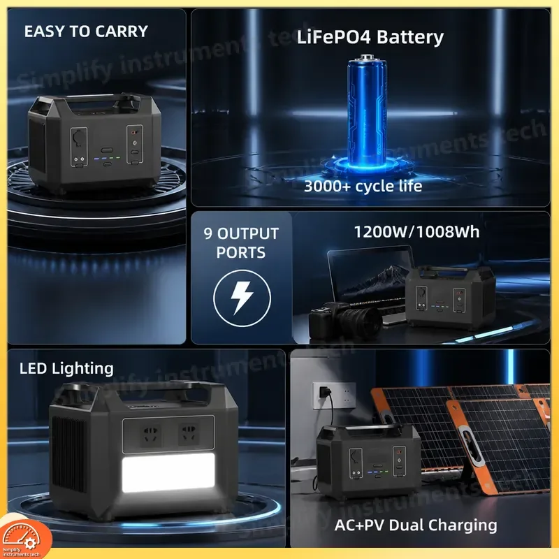 1200W Portable Power Station 600W Solar Generator Pure Sine Wave Emergency Battery Pack with Flashlight Wireless Charger for