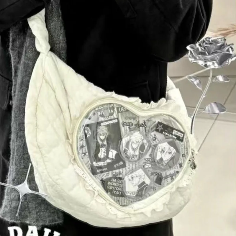 2024 New Lace Love Design Anime Pain Bag Cute Drawstring One Shoulder Crossbody Bag Girl Large Capacity Shopping Zipper Doll Bag