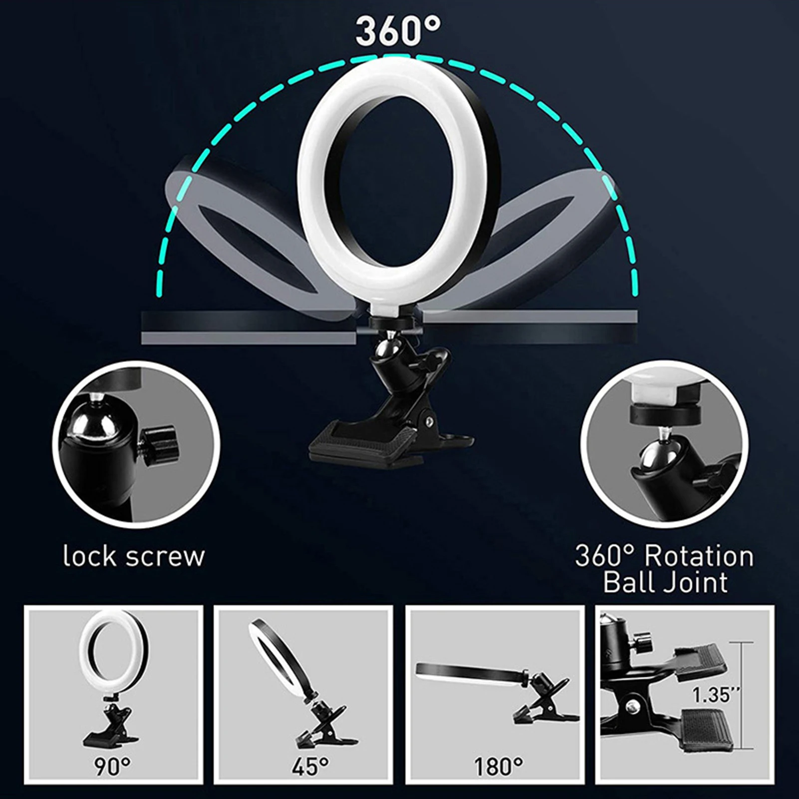 6inches LEDs Selfie  Light with Clamp USB Operated 3 Colors Temperature Changing/ 3 Levels Dimmable Brightness &