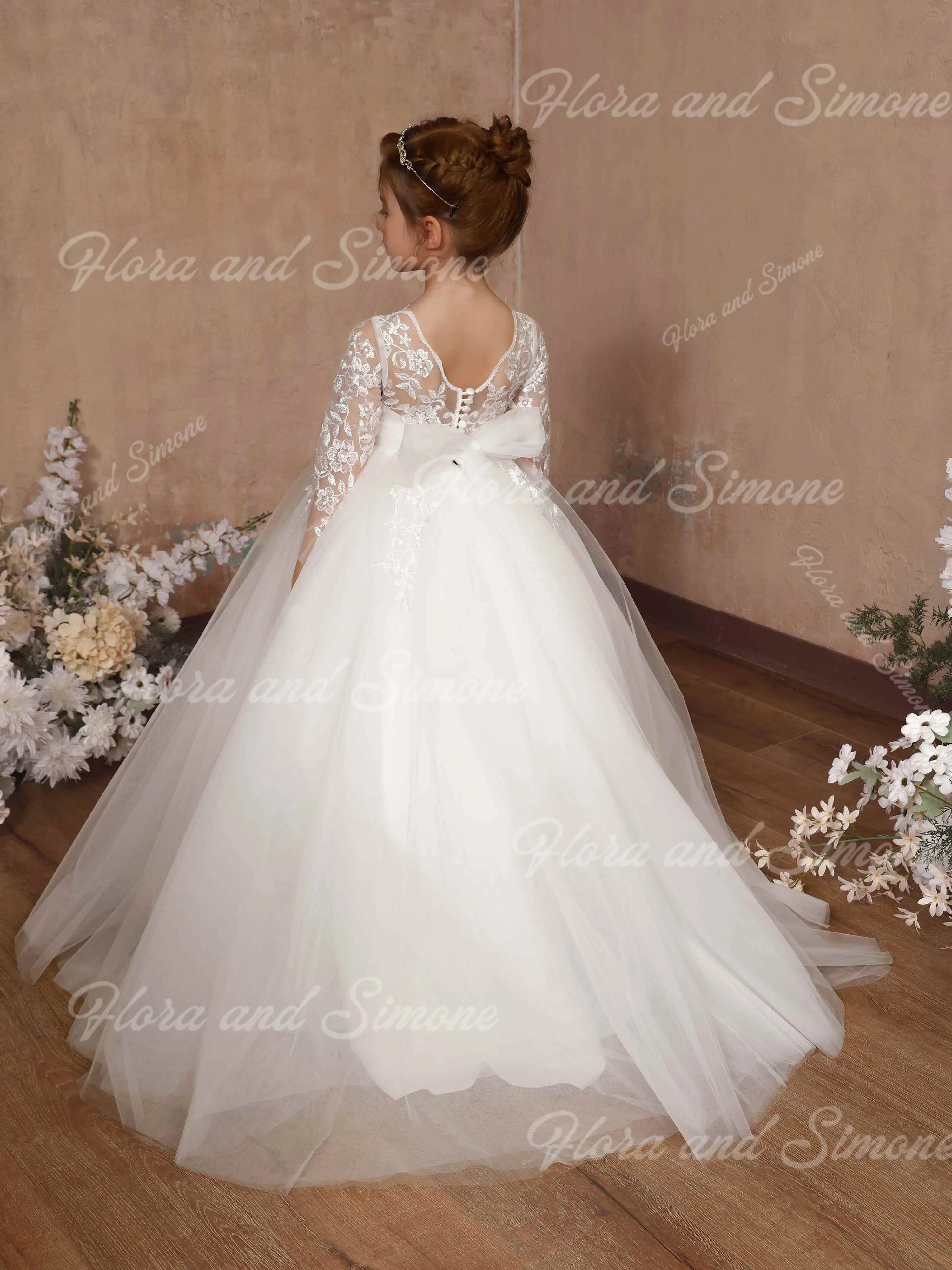 Платье с цветочным узором для девочек с бантом и длинными рукавами по индивидуальному заказу для свадебных церемоний, дня рождения, выпускного вечера, платья для святого причастия, вечеринки