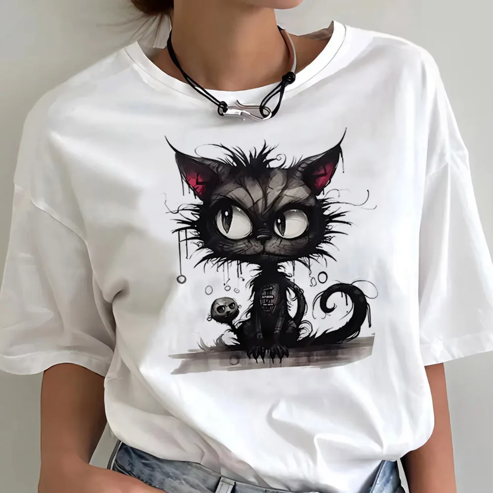 Kawaii Cat Print Women's T-Shirt Teen Funny Graphic Streetwear Classic Y2k Clothes Summer Fashion O-Neck Short Sleeve T-Shirt