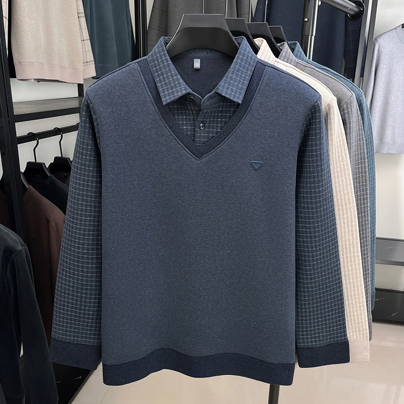 

Fashion triangle embossed men shirt collar sweater personalized plaid long sleeve T-shirt luxury brand plush warm lapel pullover