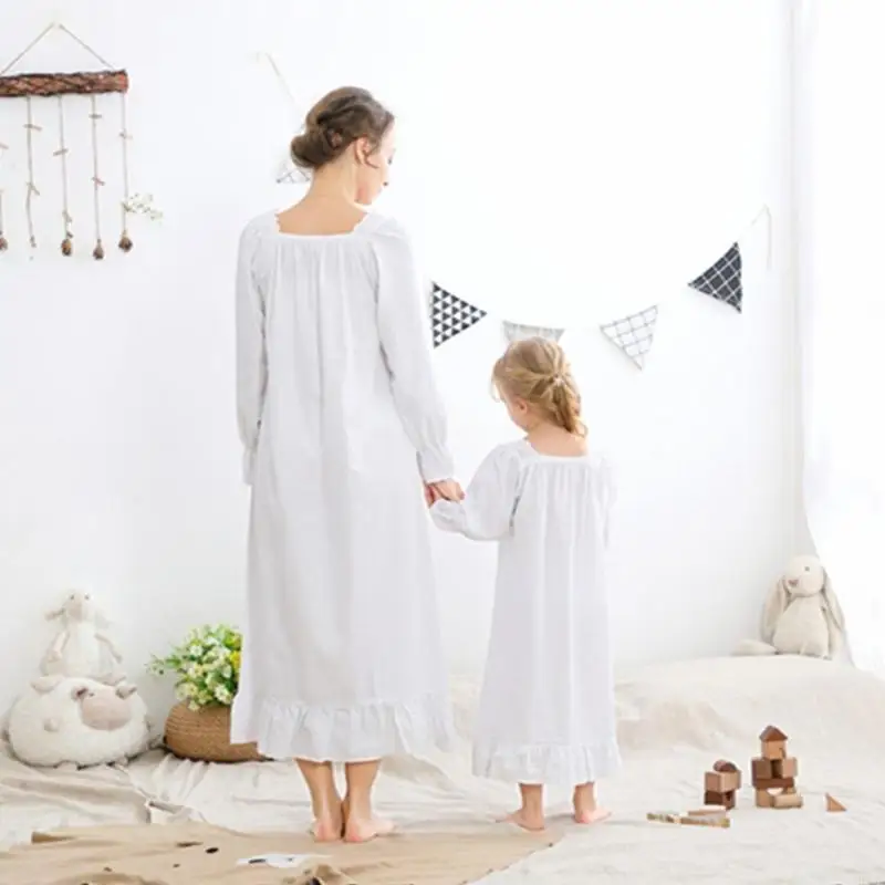 

BX0D Princess Nightgown Sleepwear для девочек мягкая дышащая хлопчатобумажная ткань ночная рукав с длинным рукавом квадратный