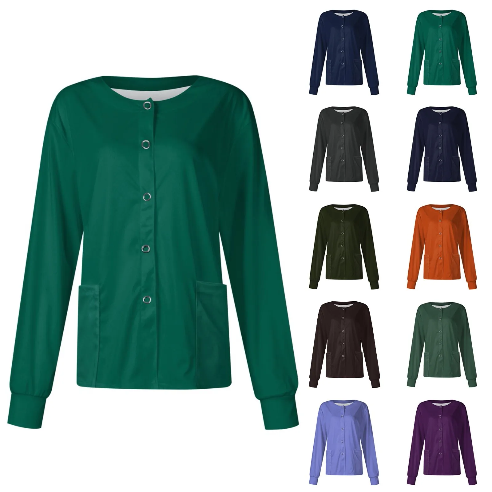 Feminino casual cor sólida roupas de enfermagem manga longa único breasted cardigan grande bolso topos jaqueta aberta