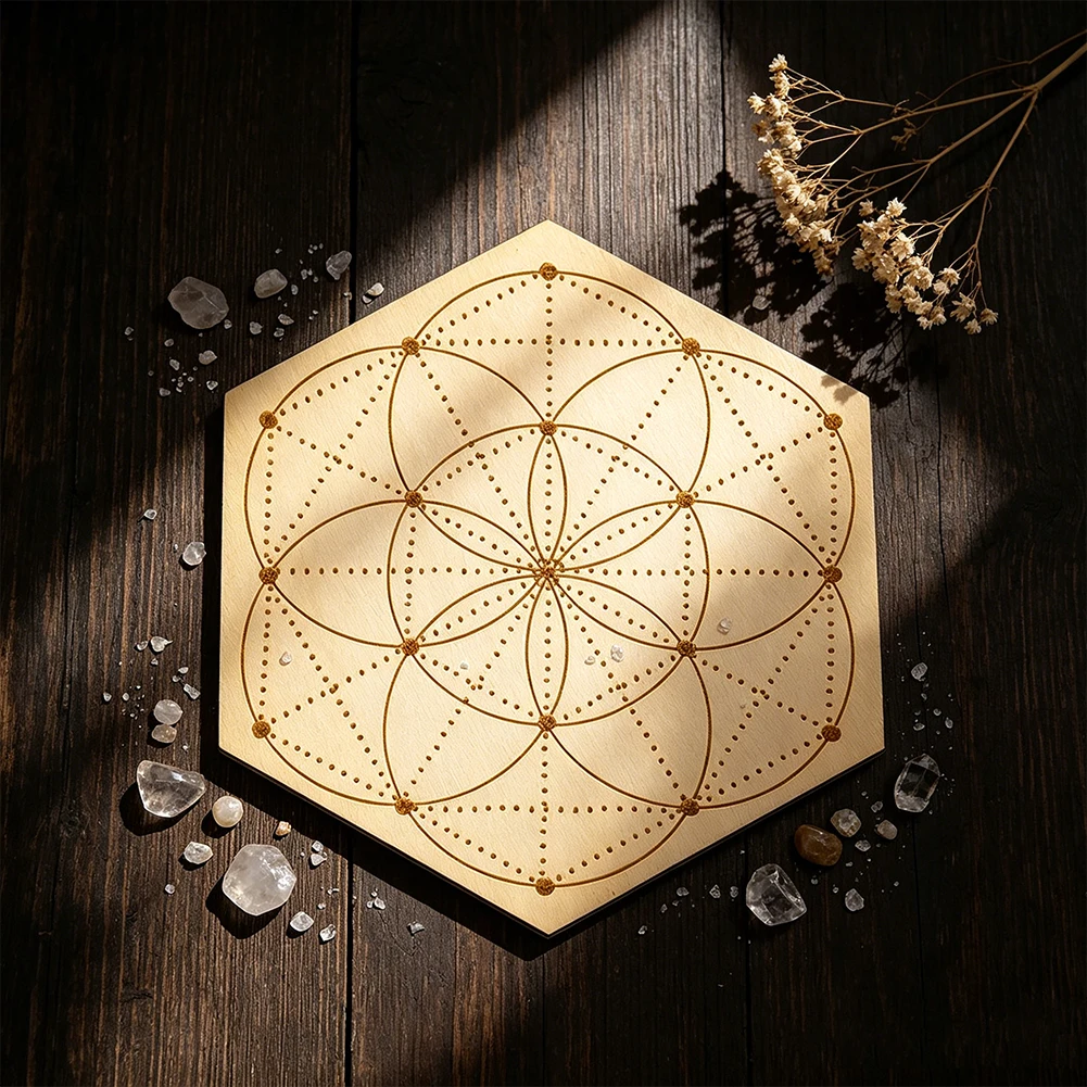 2pcs Wooden Hexagon Flower Board Crystal Grids Sacred Geometric Plate Coaster Mat Mandala Meditation Wiccan Altar Ritual Decor