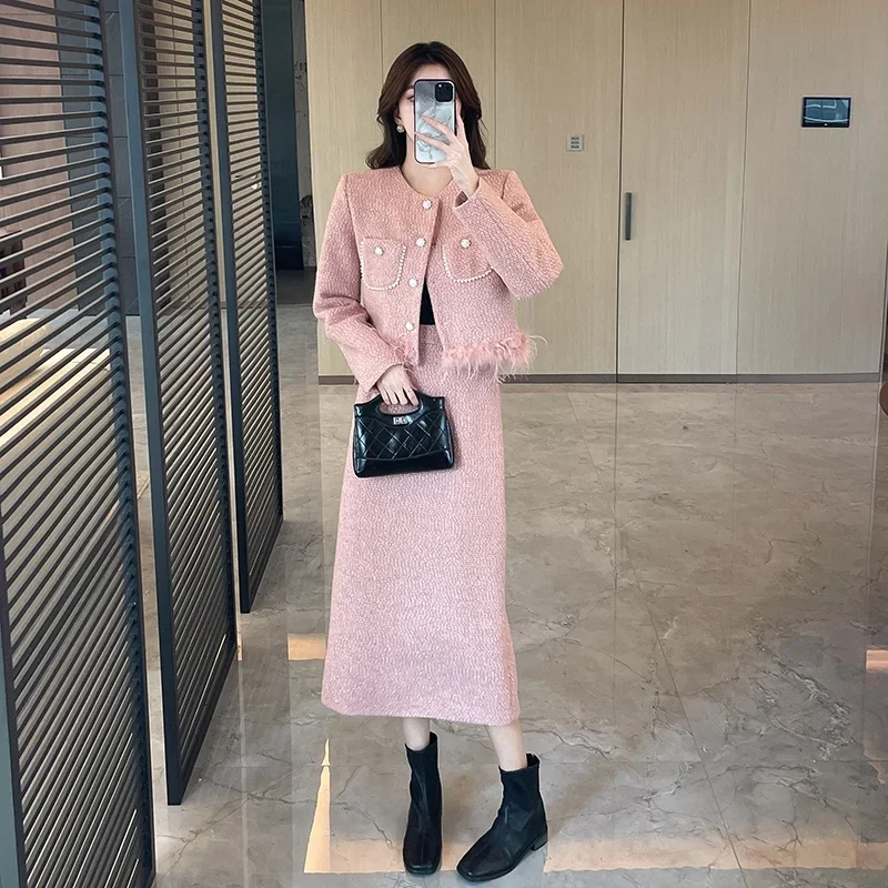 UNXX 2024 Korean Style Fashion Set Women's Autumn Winter New Fur Coat Skirt Elegant Two-piece Set Female Office Lady Clothing