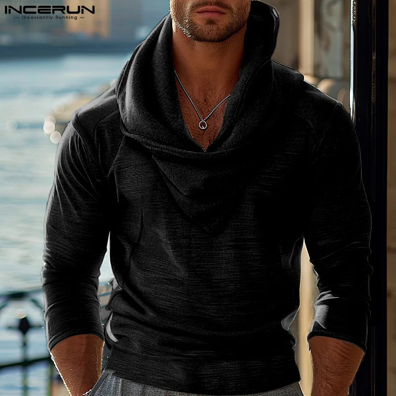 INCERUN Men Hoodies Solid Color Hooded Long Sleeve Casual Male Sweatshirts Streetwear Autumn 2024 Fashion Leisure Men Clothing