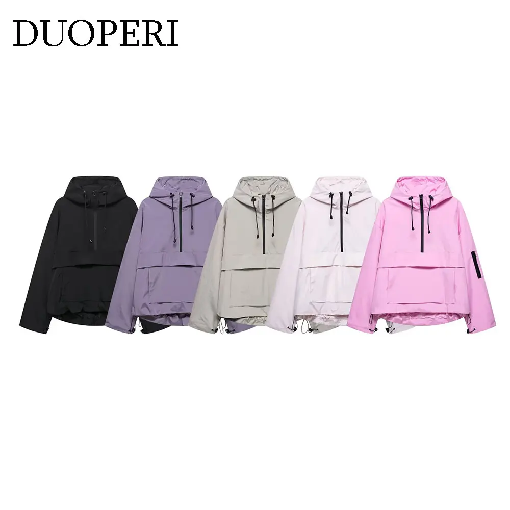 

DUOPERI Women Y2K Three proof fabric Solid Pullover Jackets Hooded Neck Long Sleeves Female Chic Mujer Jacket