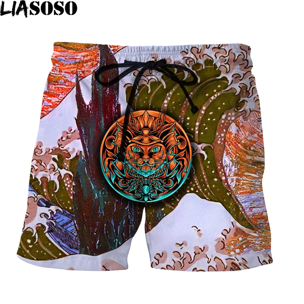 

LIASOSO 3D Printed Cutout Samurai Cat Tattoo Figure Men's Shorts Beach Casual Street Shorts Gym Muscle Jogging Anime Pants