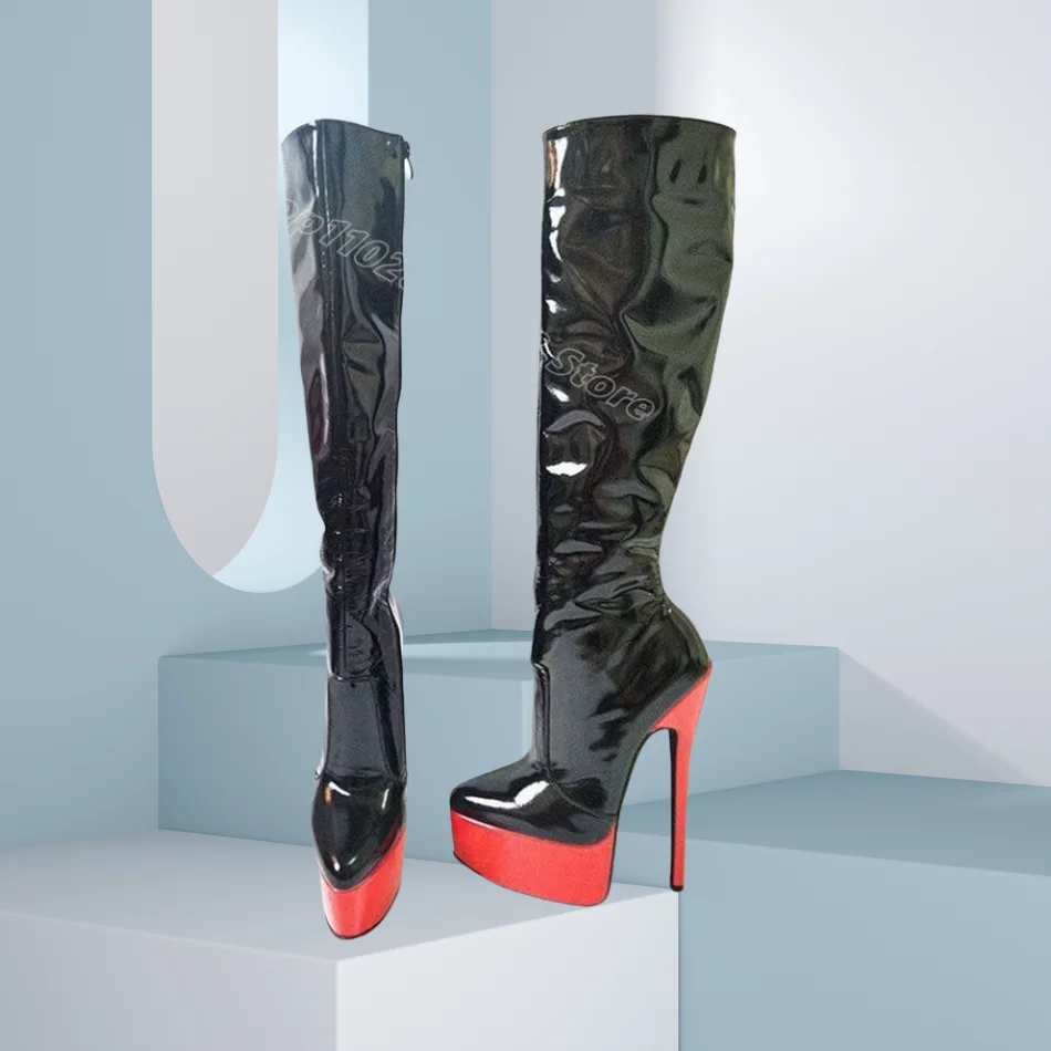 

Black Patent Leather Platform Boots Pointed Toe Solid British Style Side Zipper Party Dress Women Boots 2025 Zapatos Para Mujere