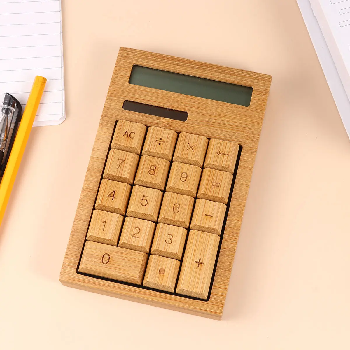 29-Key Solar Bamboo Calculator Portable Electronic Calculator for Home Office School Retro Creative Angle Pattern