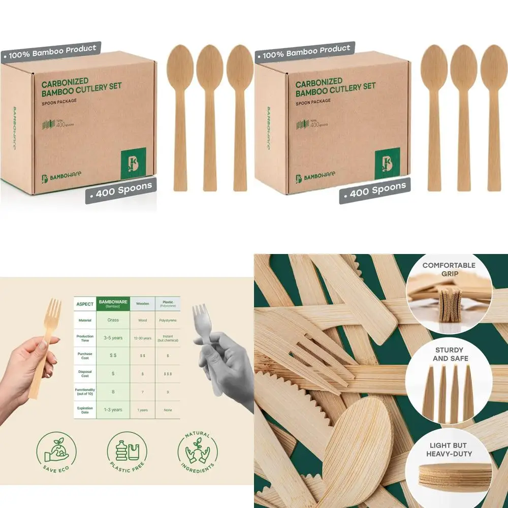 

Bamboo Cutlery Set: 400 Disposable Carbonized Spoons - Biodegradable, Sanitized, Heavy Duty