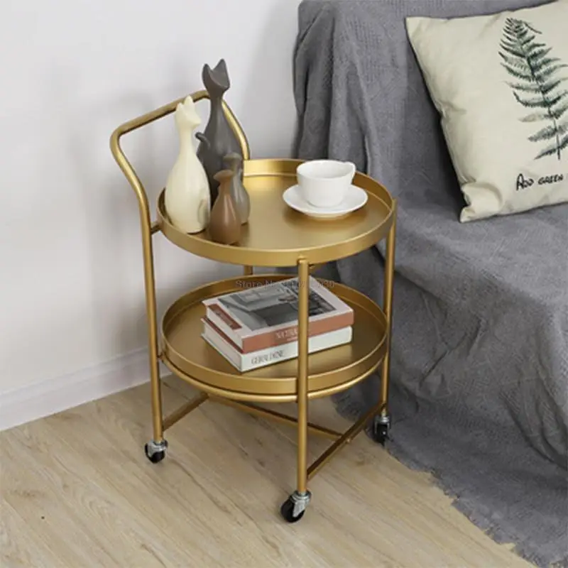 

Living Room lron Tea Table Double Desk Cart Table Mobile Coffee Table Removable Double Layer Side Table With Pulley