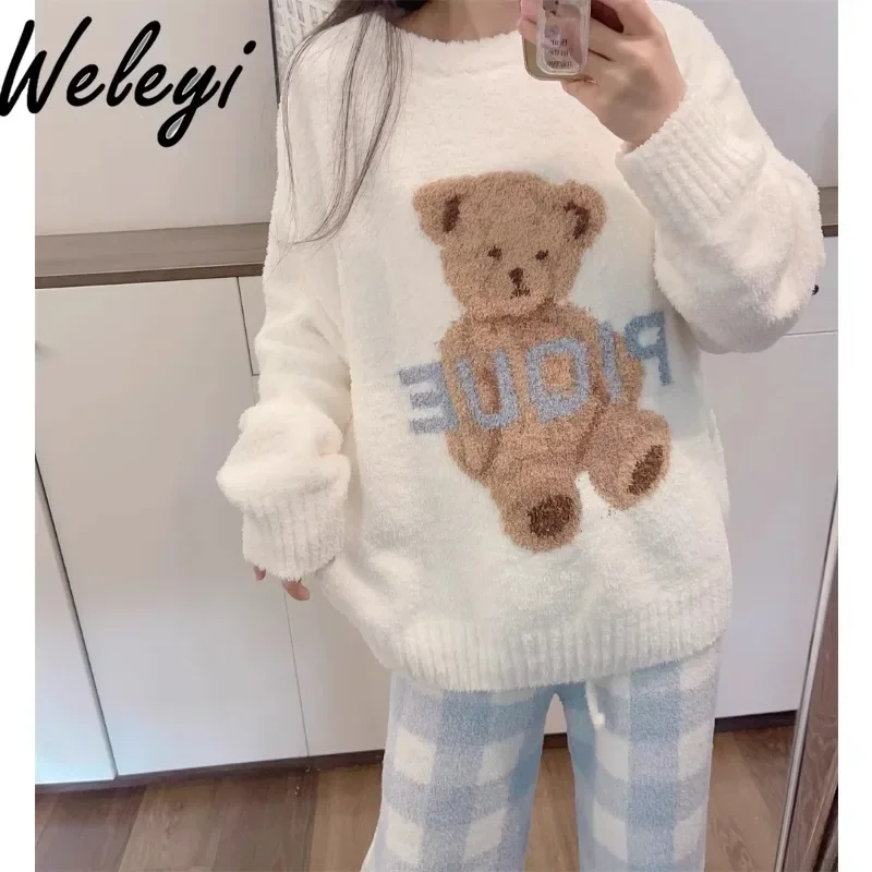 Japanese Sweet Warm Pique Loungewear Pants Suit Autumn and Winter Loose Soft Christmas Plaid Pajamas Top Women Pijamas Feminino