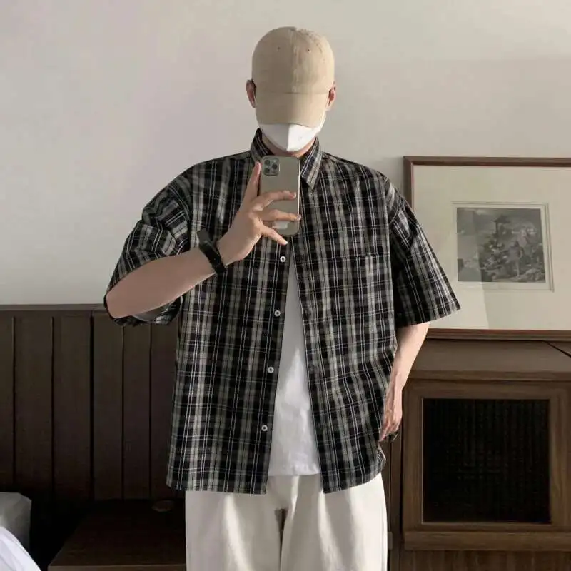 

Summer Men's New Shirts Plaid Design Short Sleeved Turn-down Collar Casual Menswear Single Breasted Loose Male Tops WSL2