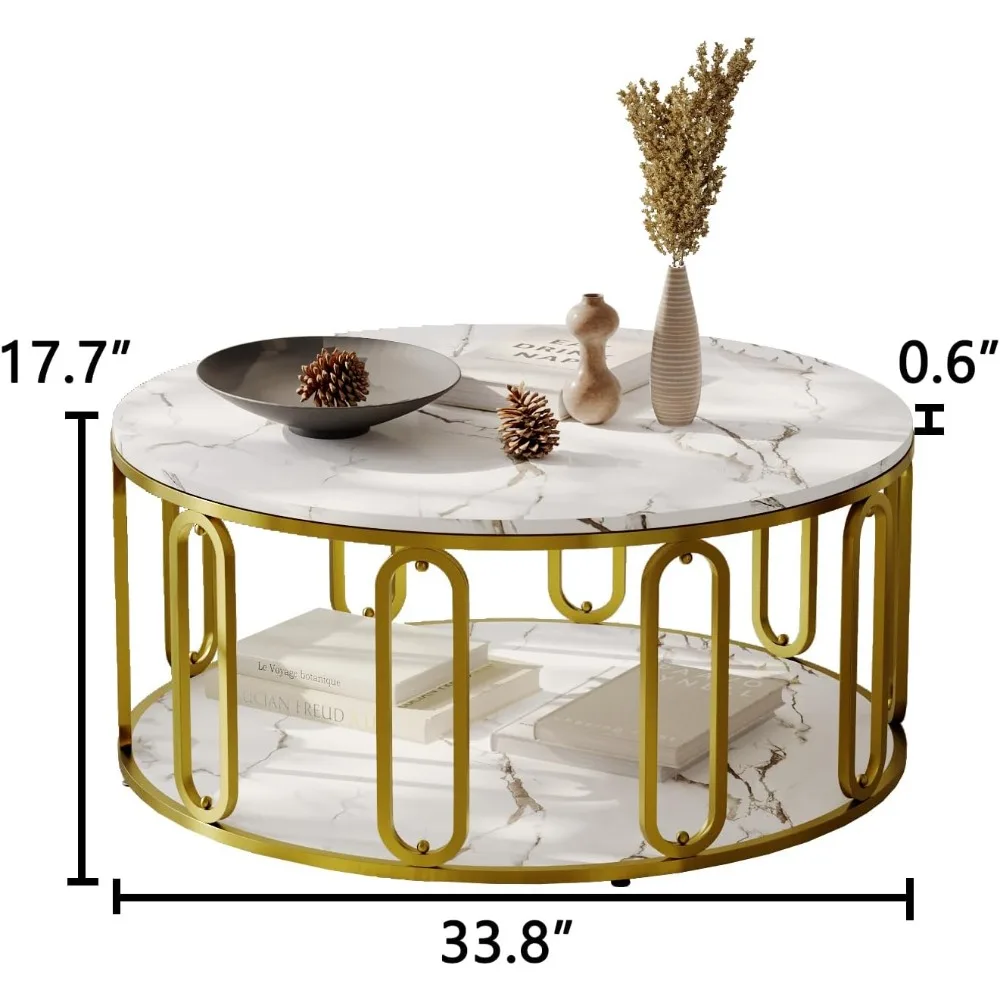 طاولة قهوة خشبية بيضاء منقوشة بالرخام مع مساحة تخزين مستديرة وأرجل معدنية ذهبية لغرفة المعيشة