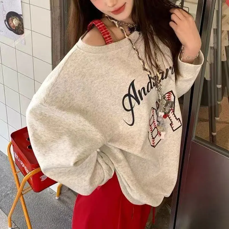 High Street American Printed Sweatshirts Women's Clothing Letter Loose Spring Autumn Skew Collar Fashion Off Shoulder Hoodies