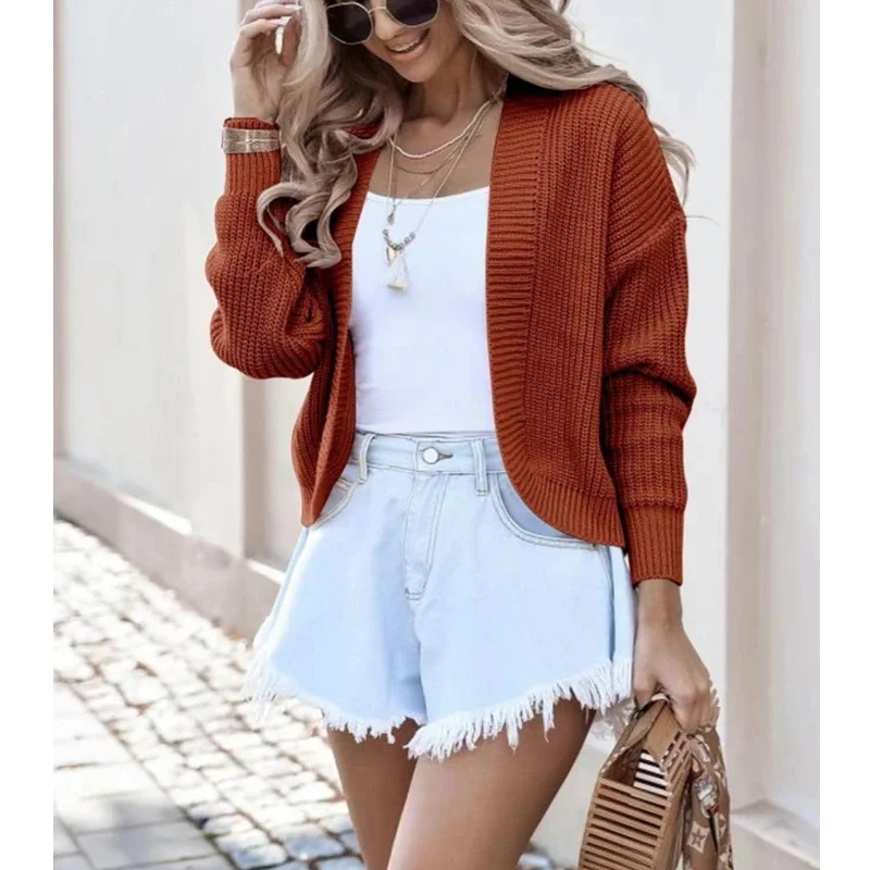 Open Front Crop Cardigan Long Sleeve Drop Shoulder Knitted Sweater Jacket Women Teen-girl Spring Fall Basic Outfit