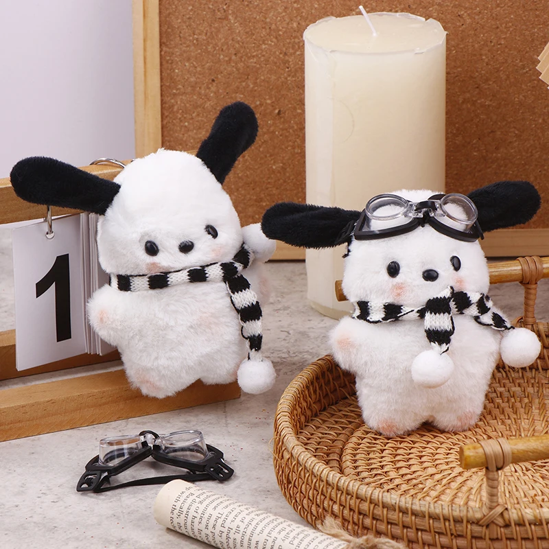 Swim Goggles Pochacco Plush Toy Cartoon Scarf Puppy Pendant Soft Stuffed Doll Keychain Car Key Ring Backpack Bag Decor