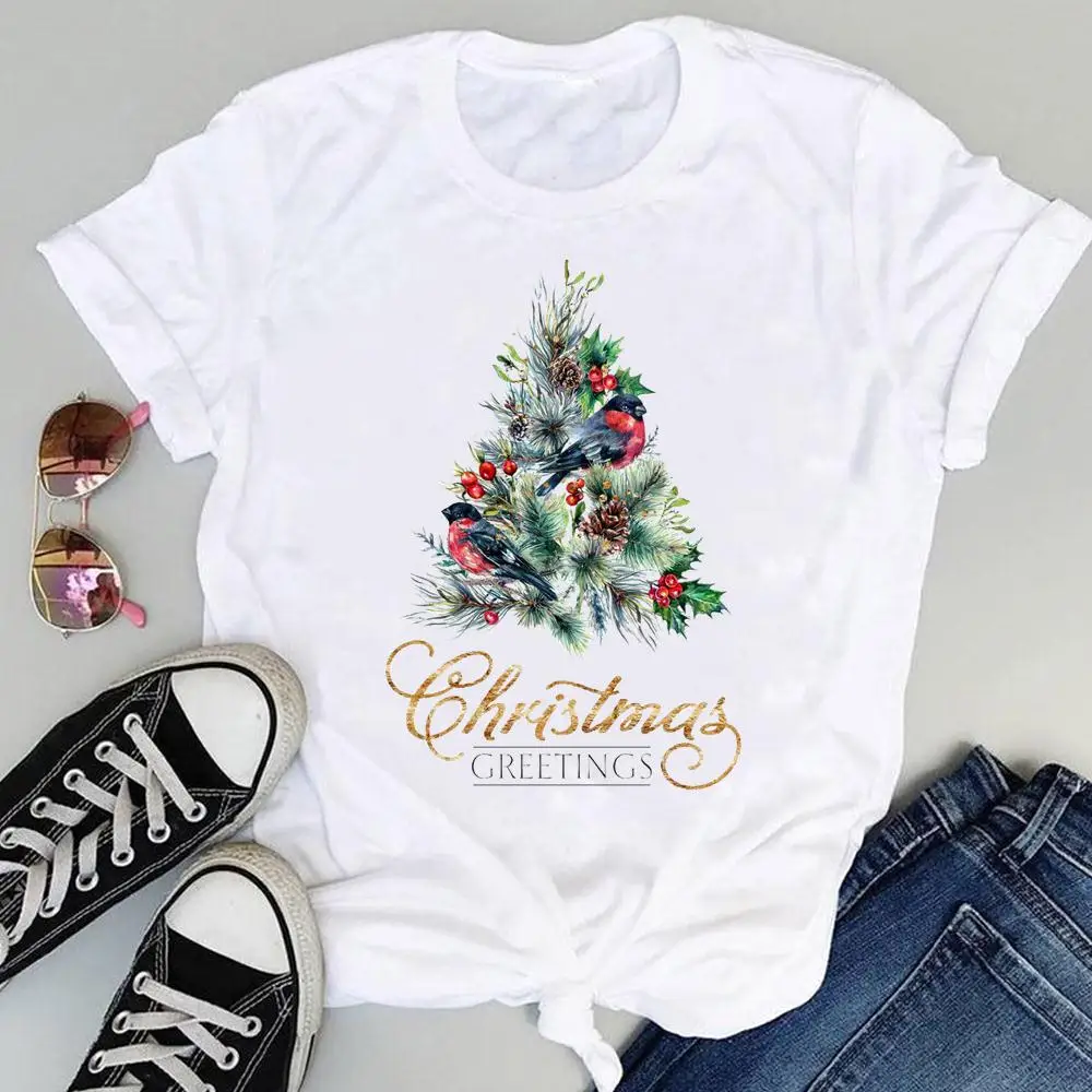 CLOOCL Weihnachtsgrüße T-Shirts Weihnachtsbaum Vogel Beeren Aufkleber Bedruckte T-Shirts Weihnachtsthema Damen Shirts Freizeitkleidung