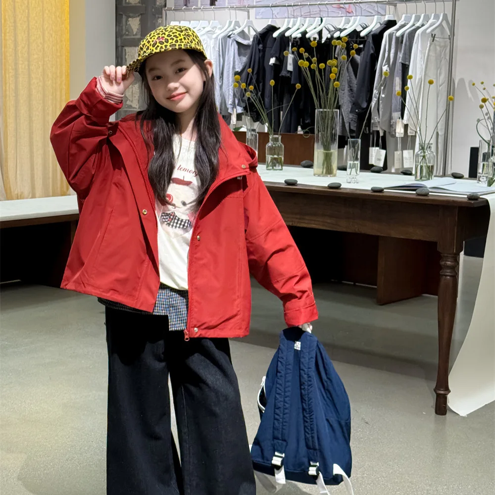 

Hooded Jacket Grils Children Solid Korean Loose Casual Fashionable Sproty Autumn New Outdoor Coat Boys All-matching