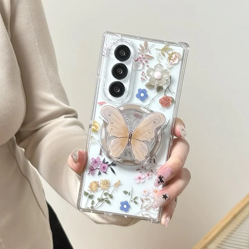 

Прозрачный магнитный чехол для телефона с милым цветком для Samsung Z Fold 7 6 5 ZFold7 Fold6 с жесткими чехлами Magsafe Stand Chain Kawaii