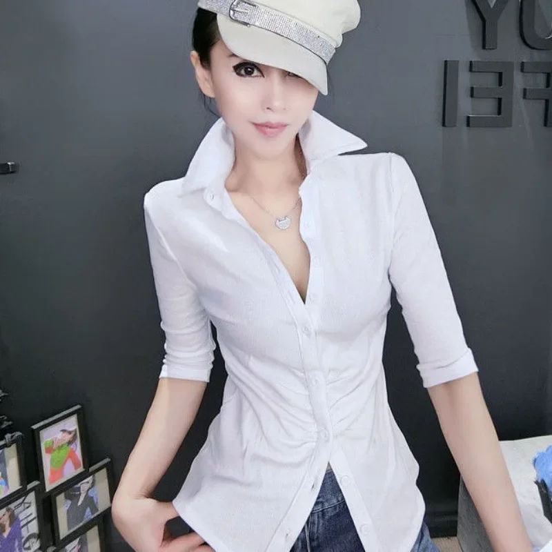 Chic Summer Shirts Slim Design Short Sleeve Tops Women Pleated Lapel Button Blouses Office Lady Outerwear Tops Mujer White Black