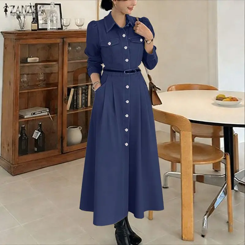 

Весеннее джинсовое платье ZANZEA 2026 года, синее, модное, женское, с отложным воротником, длинным рукавом, на пуговицах, миди, элегантное, для работы