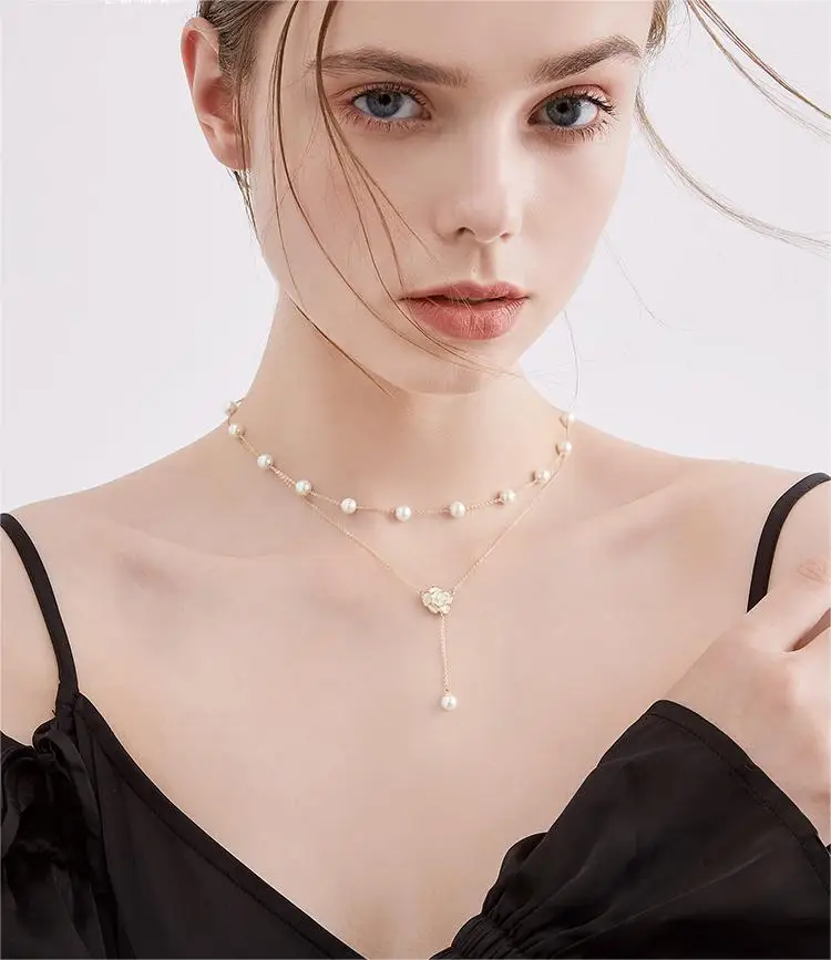 

Camellia Imitation Pearl Necklace For Women Double-Layered Elegant Clavicle Chain Fashion Ladie Exquisite For Women Jewelry Gift