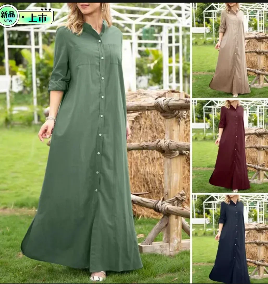 

Long Sleeve Dress Women Maxi Vestidos Elegant Single Breasted Solid Color Stand Collar Split Hem Soft Autumn Dresses Office Lady